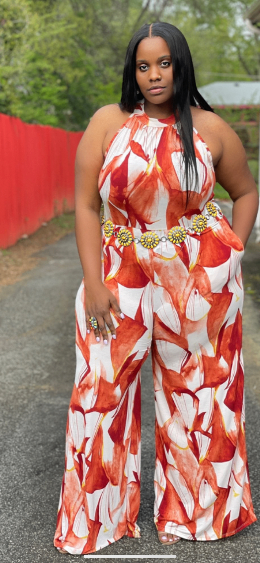Terracotta Palm Halter Jumpsuit — plus-size Terracotta Print jumpsuit made for curves