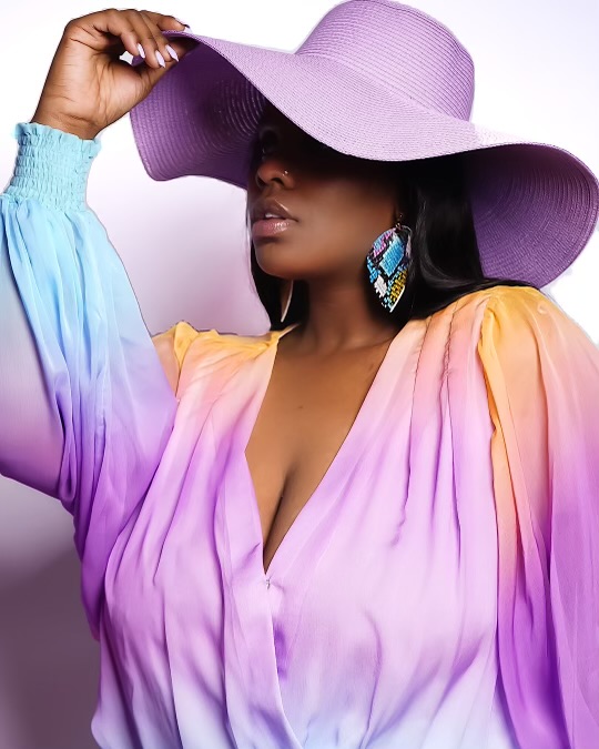 Ombré Chiffon Wide-Sleeve Jumpsuit — plus-size Sky / Lavender jumpsuit made for curves